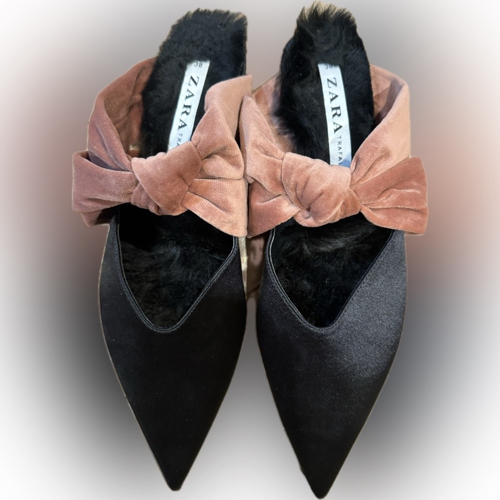 Zara Women's Black Flats with Velvet Brown Bow fur unique back